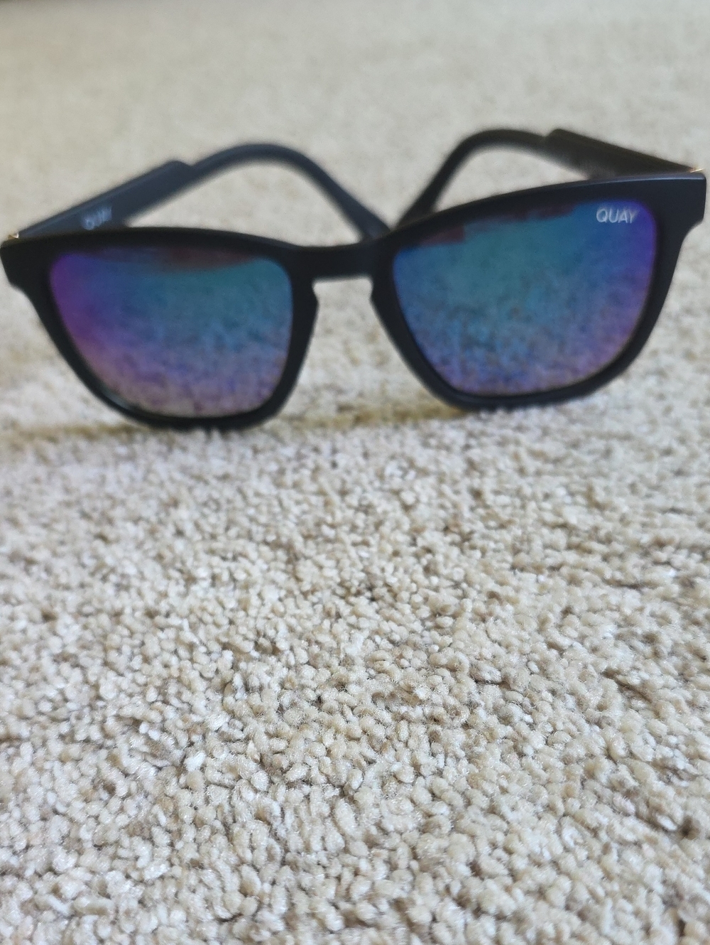 Quay Australia Black Frame Sunglasses with Iridescent Blue-Purple Lenses